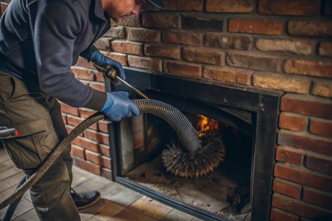Technician servicing a brick fireplace with a powered cleaning hose